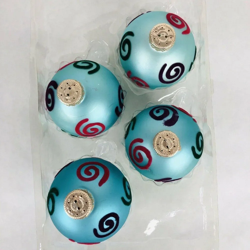 Christmas By Krebs‎ Glass Ornaments Turquoise Blue With Flock Design 4 In Box